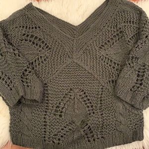 Gray loose knit v neck sweater